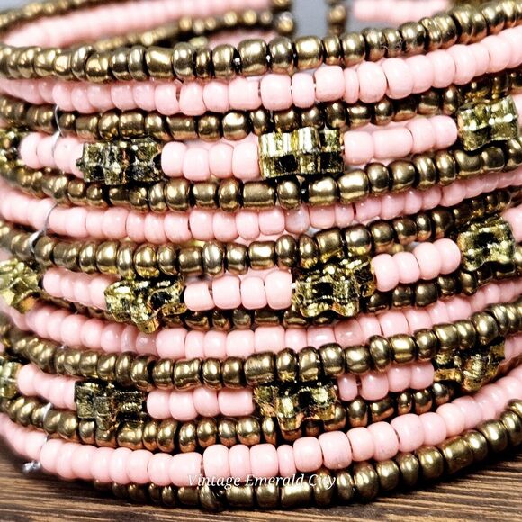 Golden Flowers & Coral Seeds Beaded Bracelet Spiral Coil Wire Retro Wrap Cuff - Picture 3 of 12